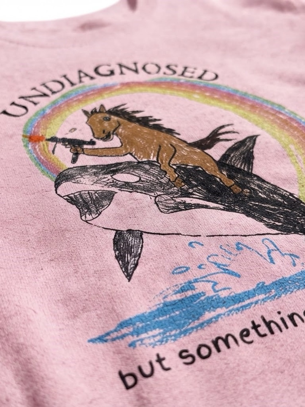 Gildan Light Pink Graphic Sweatshirt with Horse Riding Orca and Rainbow - Picture 2 of 2
